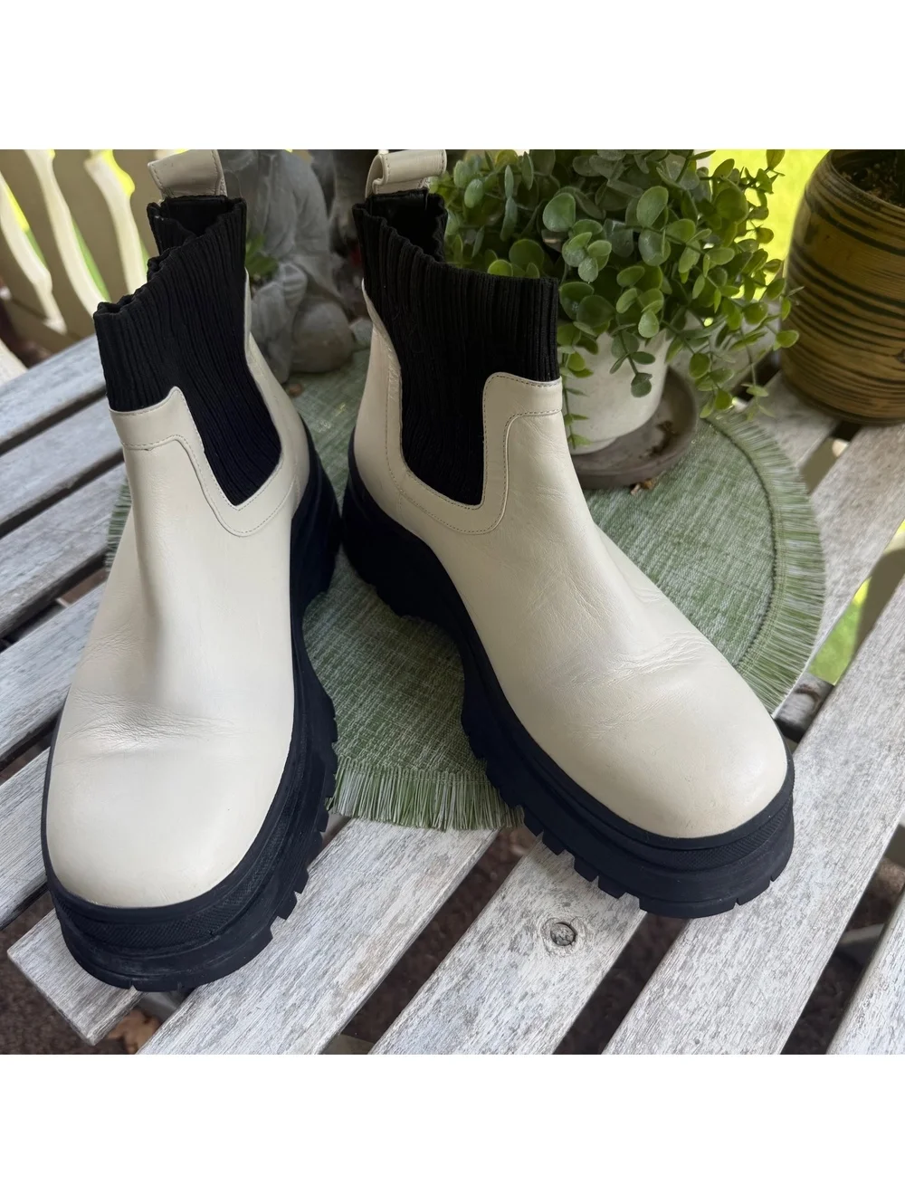 STAUD Wally Sock Boots Cream Leather Chunky Sole Sz 39 (US 8.5-9) $500 Retail